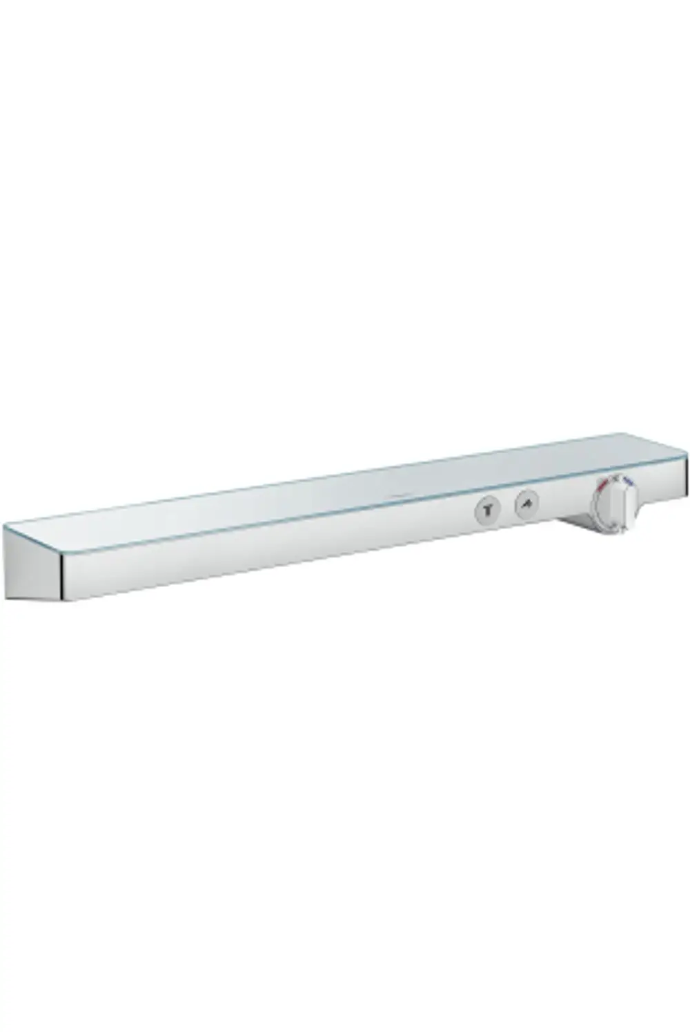 Chromfarbenes Thermostat von Hansgrohe für die Wandmontage, ausgestattet mit Bedienelementen für zwei Verbraucher, in schlankem Design.